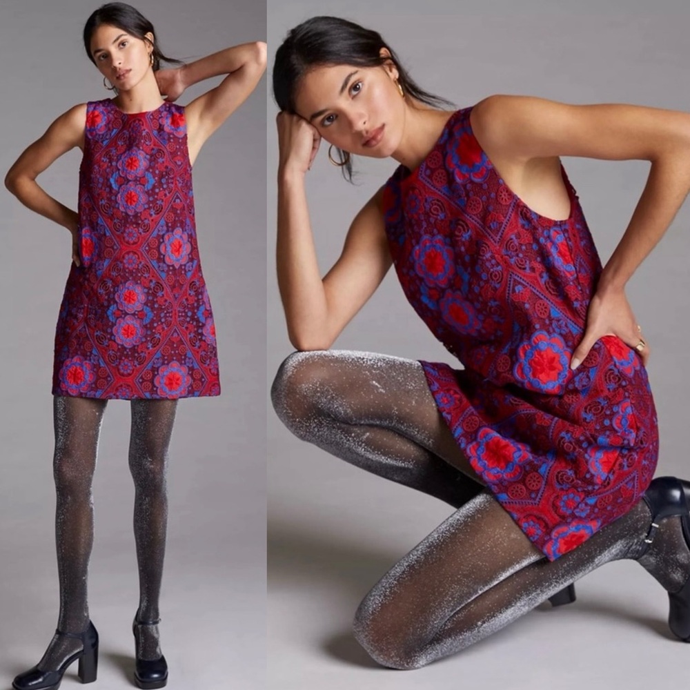 Anthropologie Red and Blue Floral Shift Dress